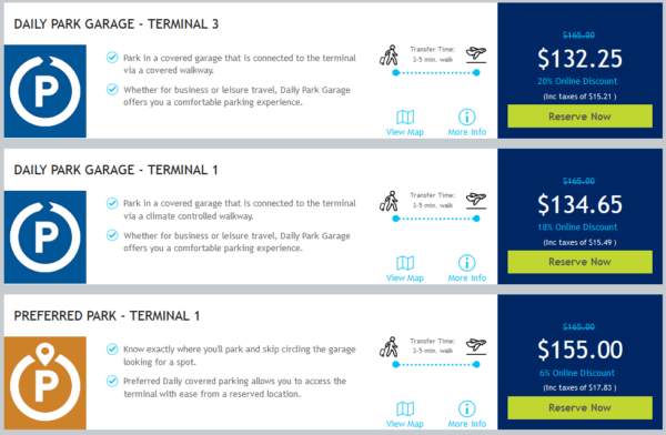 Screenshot of different parking options on Toronto Parking site, showing terminal 1 and 3 parking prices and options for duration of 1 week.