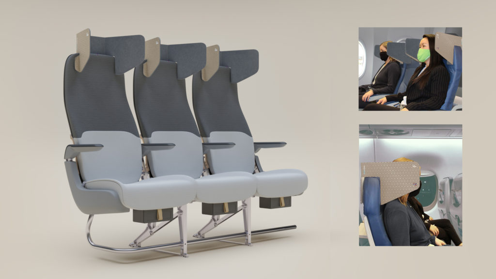 An image of the HeadZone cardboard solution attached to a seat triple, plus side views of the product.