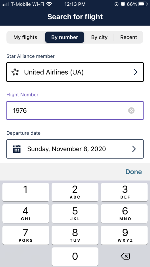 The "Flight Search" page, which allows the user to plug in their flight number and departure date for more information. It has a dark bluish black color at the top, with the words "search for flight in white".