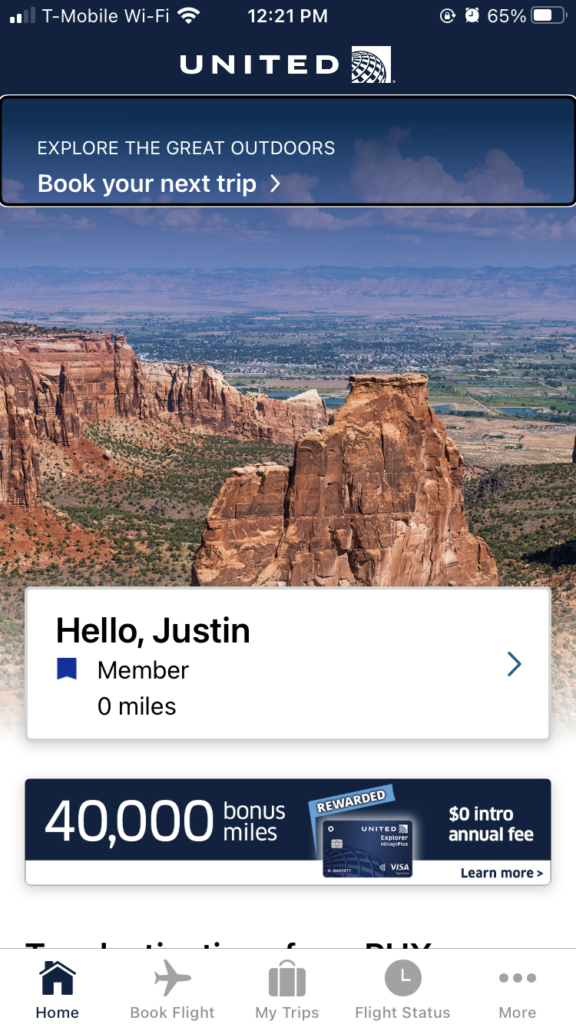 The home screen of United's app, saying "hello Justin" and showing a link to book your next trip