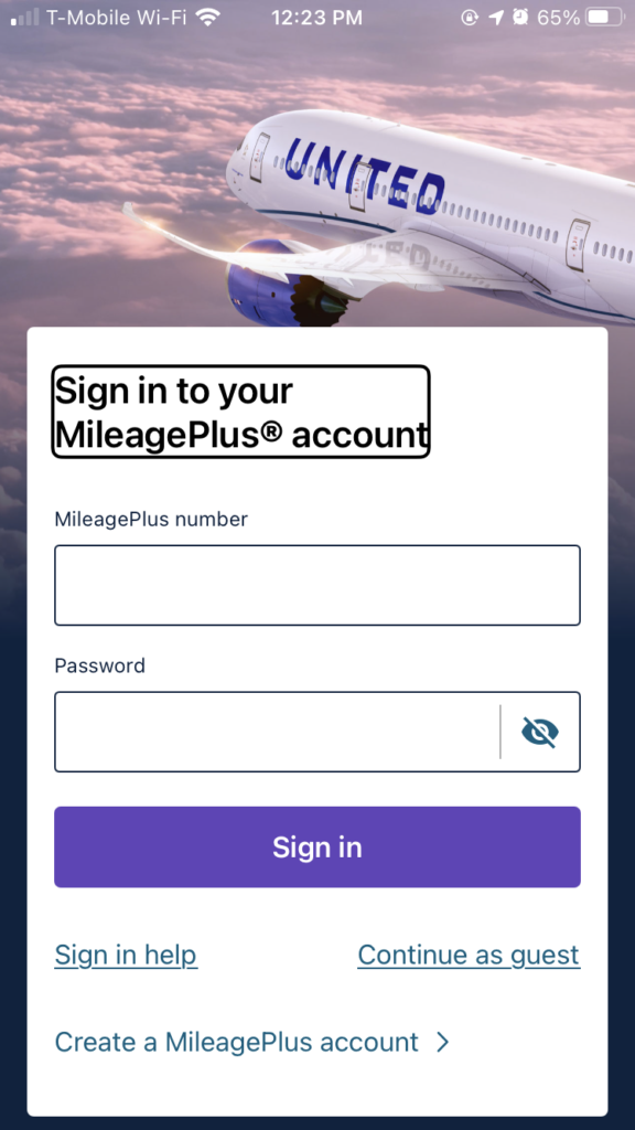 The landing page to sign in to the United MileagePlus account. The page shows a United 787 flying over fluffy clouds with a pink hue on the horizon