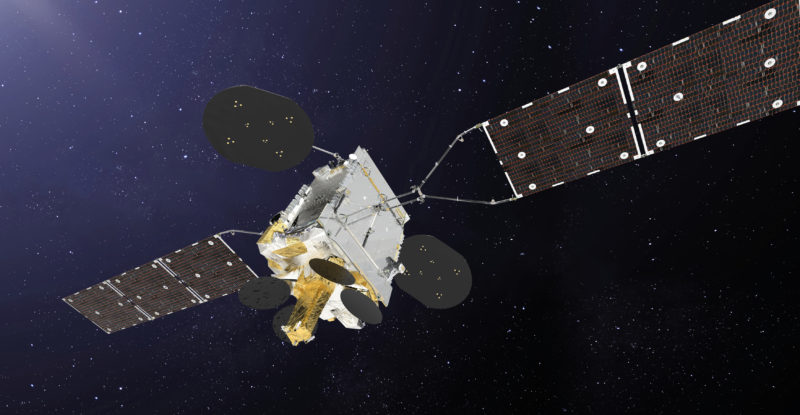 Inmarsat GX 5 Satellite in orbit with dark blue sky