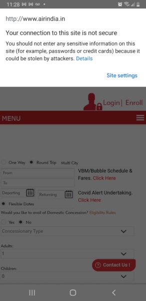 A screengrab of Air India's mobile site from the Chrome browser shows a warning: "Your connection to this site is not secure." Chrome urges users to not enter any sensitive information