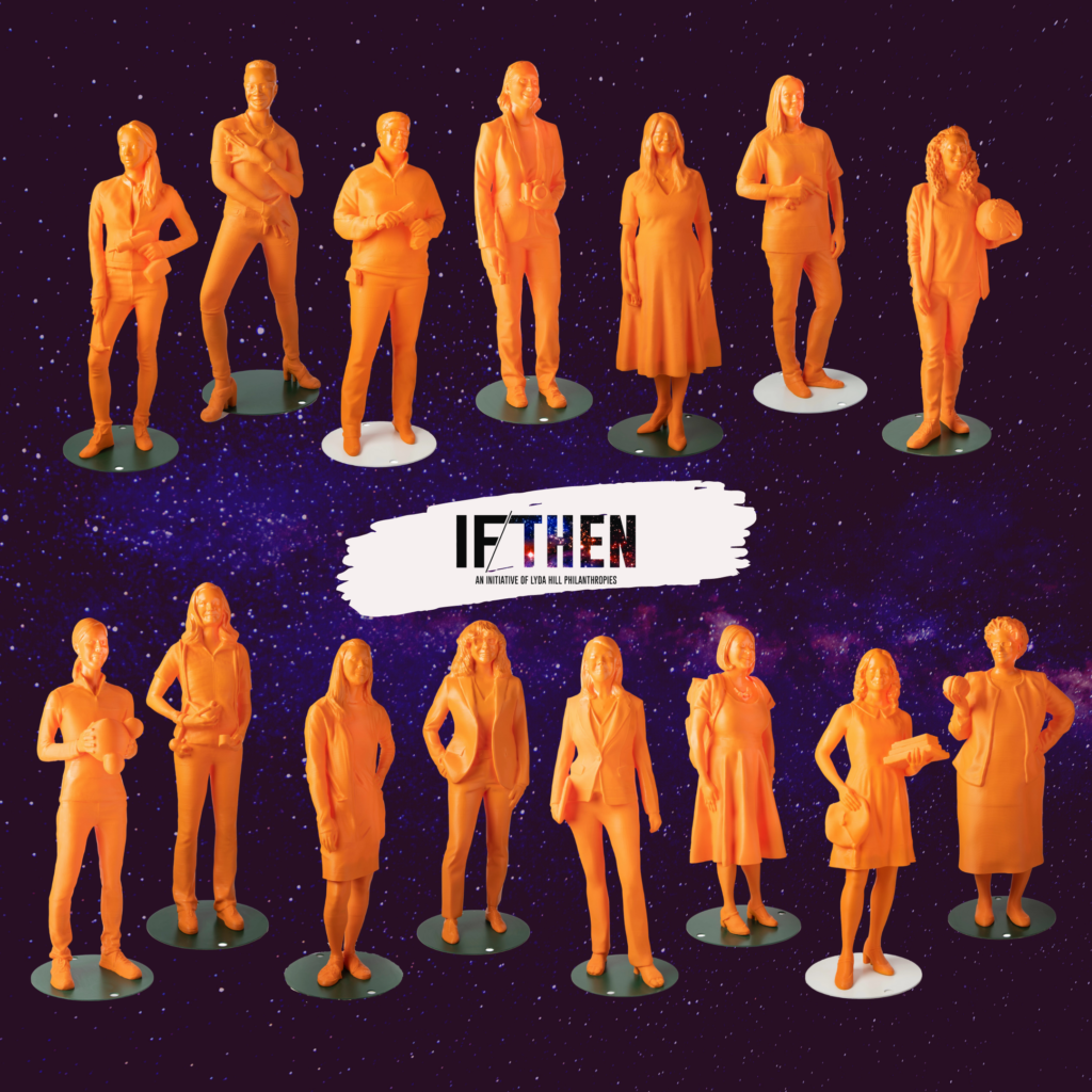 Orange, 3D statues of contemporary women in aviation, as seen through 9 March at Dallas Love Field. A starry sky is shown as a backdrop to the statues in this promotional image. 