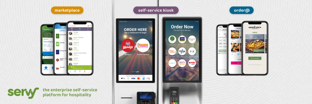 Multiple mobile devices representing the different options a customer has with Servy inlcuding marketplace and order@ as well as two selfserve kiosks in the middle showing different steps of the process. 