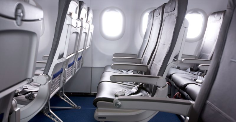 Rows of slimline seats aboard Lufthansa