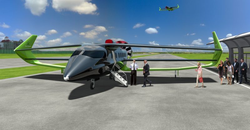 The BEHA, as conceived, features a triplane wing for maximum lift and substantial endplate fins. A computer-generated rendering of the aircraft, in a green livery, is shown parked, as passengers climb aboard.