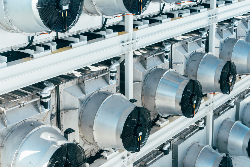 A close-up of the direct air capture machines used at the Climeworks facility