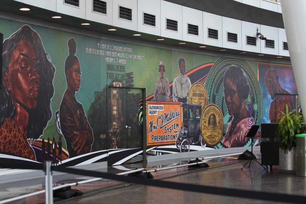 The mural is 11ft high and more than 75ft long and can be viewed at IND airport