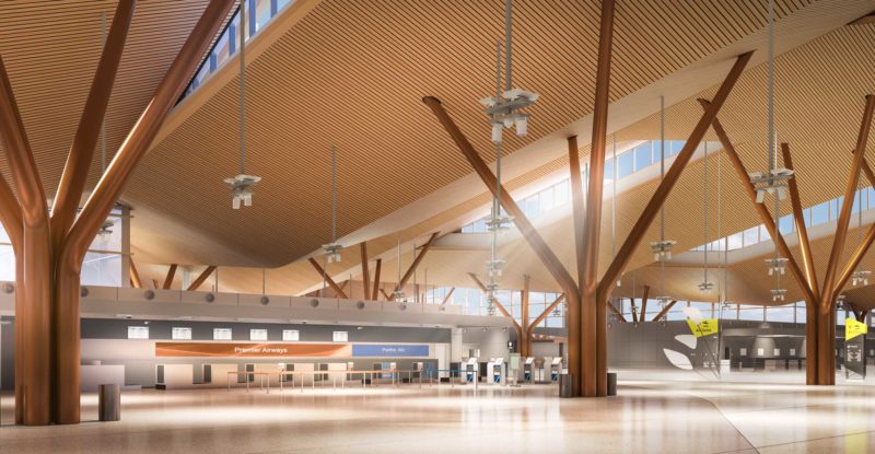 Tree-like columns and an undulating roof will be signature elements of the new terminal's interior. (Rendering courtesy of Gensler + HDR in association with luis vidal + architects)