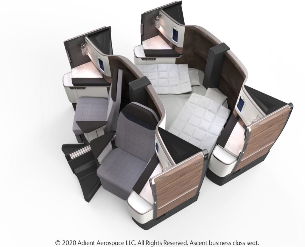 The Ascent business class seat is an outward herringbone. It offers great privacy, and even enables couples to lower a privacy divider and sleep side-by-side. Shown from above.