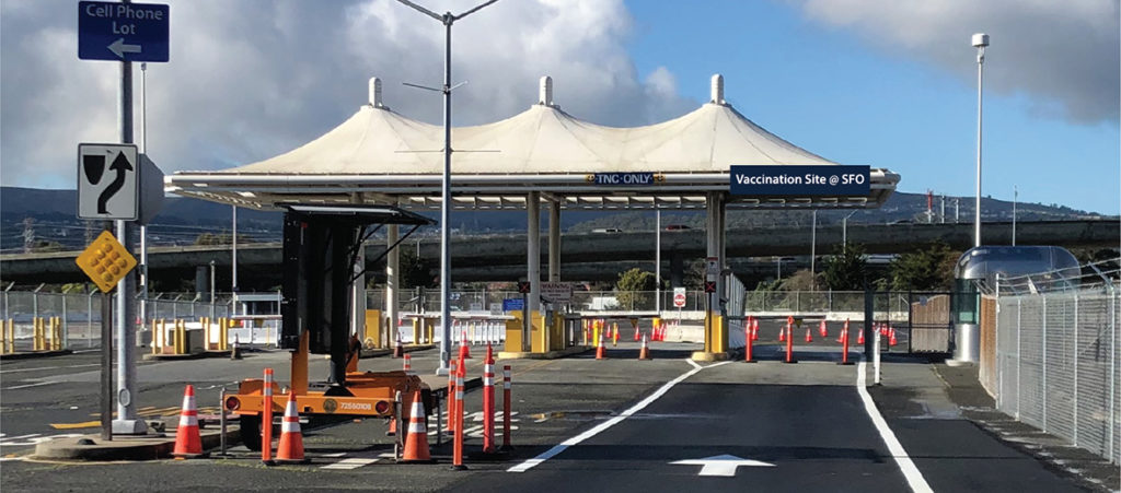 A drive-through lane at SFO where vaccinations are being faciliated.