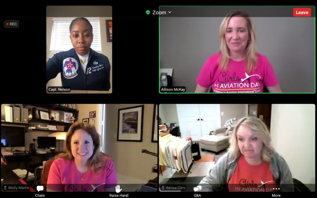 Screenshot of pannel from girls in aviation day. Top left Capt. Nelson, top right Allison McKay, bottom left Molly Martin and bottom right Kerissa Cirtro