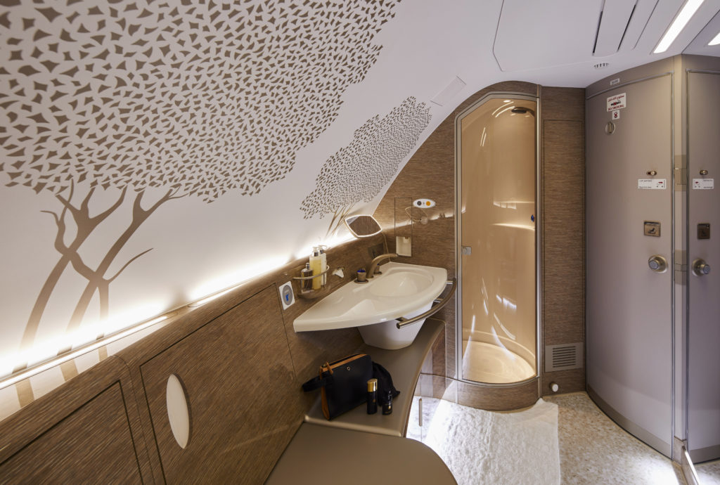 The shower rooms on the Emirates A380 are in the superjumbo's "forehead" space. The shower and sink are shown in this photo.