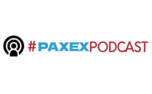 "#PAXEX" written in blue font and "Podcast" written in red front are following a connection icon in black.
