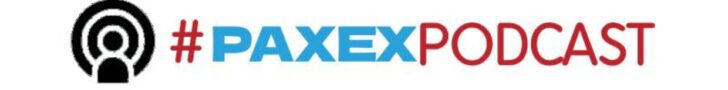 #PaxEx Podcast name and logo on a white background. #PAXEX is written in blue font and Podcast is written in red font. A wireless connection icon is seen in black.
