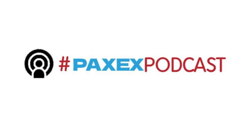 "#PAXEX" written in blue font and "Podcast" written in red front are following a connection icon in black.