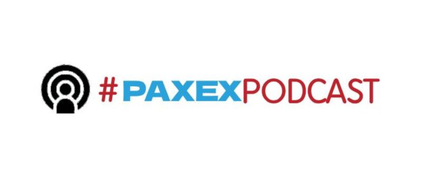 #PaxEx Podcast name and logo on a white background. #PAXEX is written in blue font and Podcast is written in red font. A wireless connection icon is seen in black.