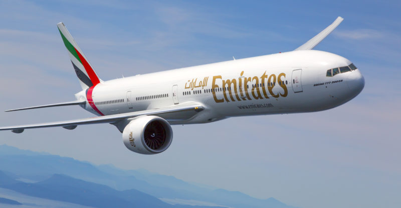 Emirates Boeing 777-300ER photographed on August 17, 2015 from Wolfe Air Aviation's Lear 25B.