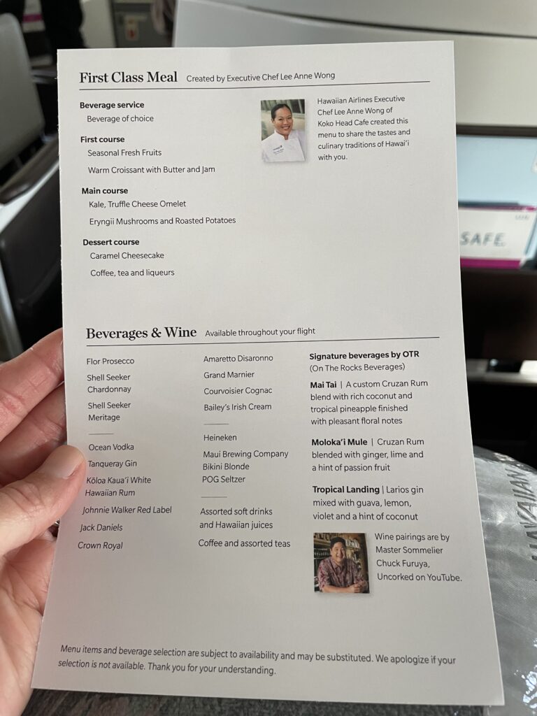 Menu card for Hawaiian Airlines.