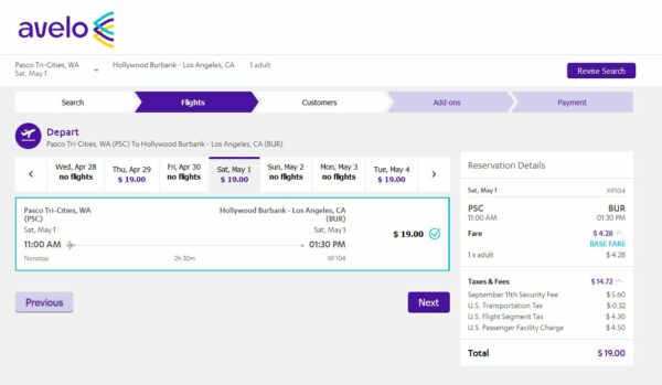 Screenshot of Avelo's fare prices at 19$.