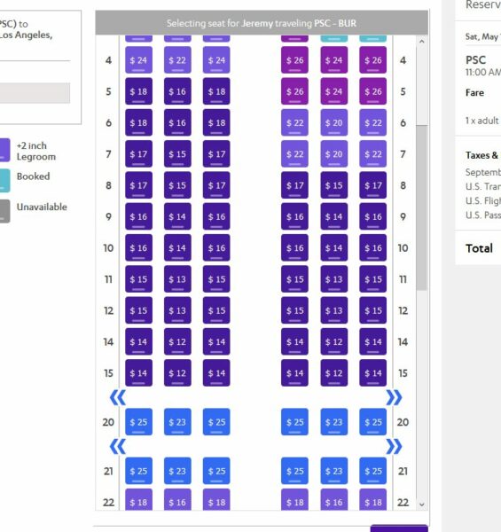 Avelo 737-800 seat map showing 3-3 layout and different price options depending on where you sit.