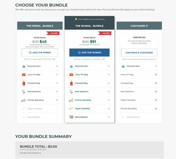 Screenshot of the booking process for Frontier Airlines. Showing the different bundles offered on the base ticket price..