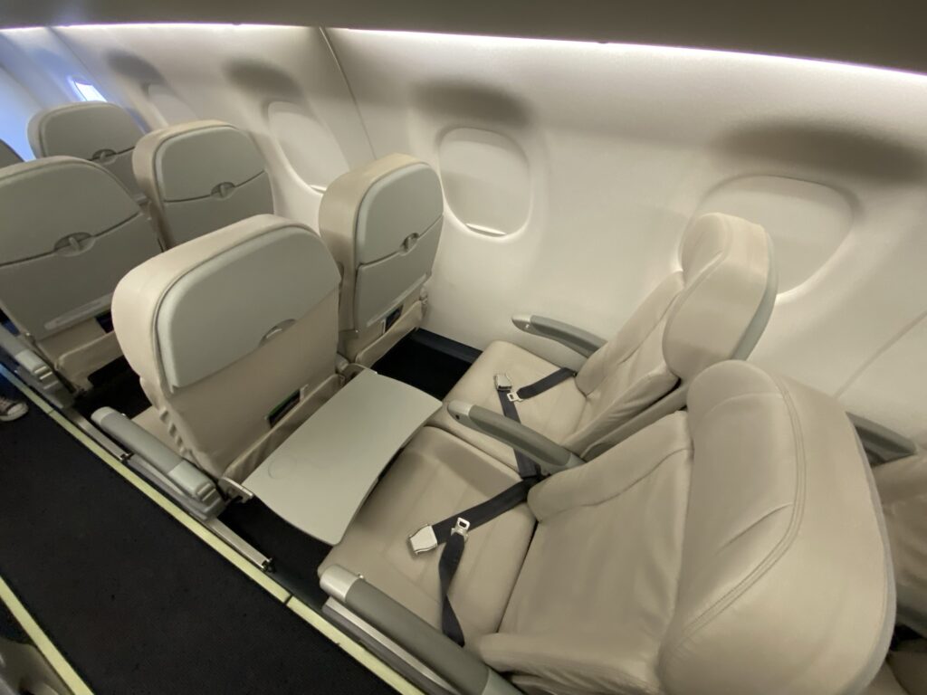 A top-down view of Breeze's beige seats, tray table and seatbelts