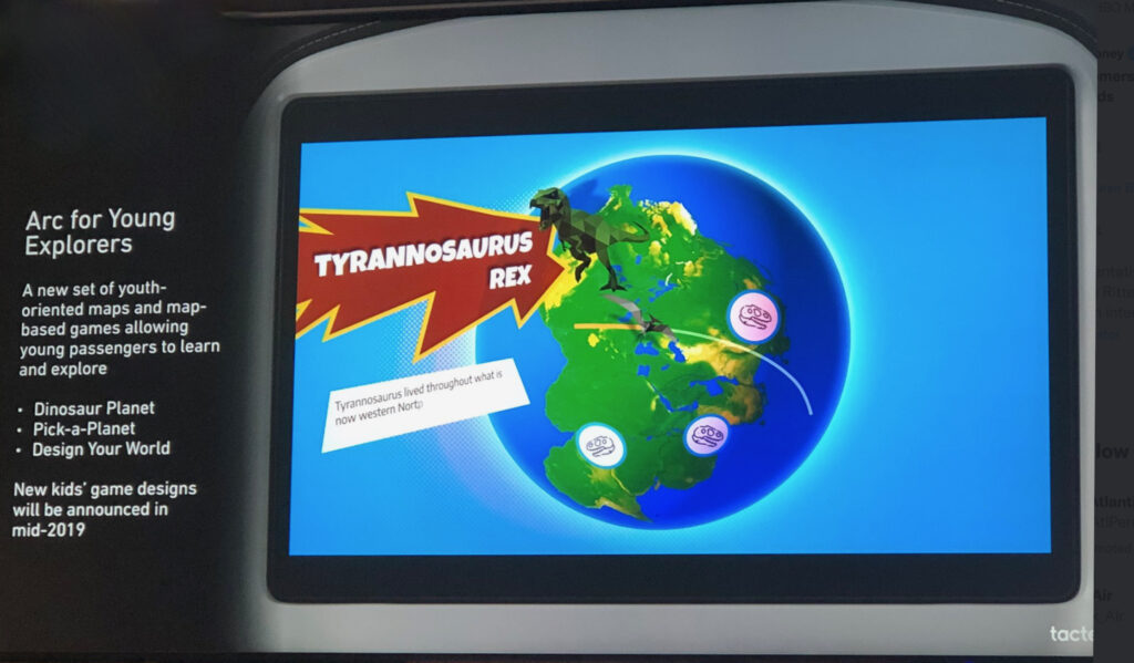 Panasonic Avionics IFE screen with the ARC moving map, young explorer feature shown