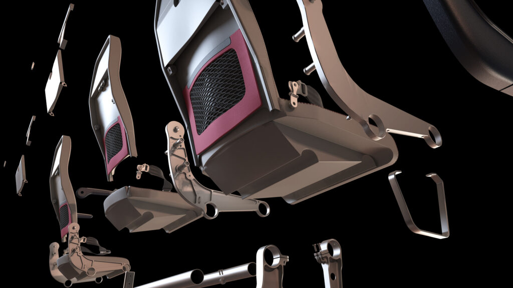 Rendering of the Geven SuperEco seat. This image is showing the seat architecture and individual parts.