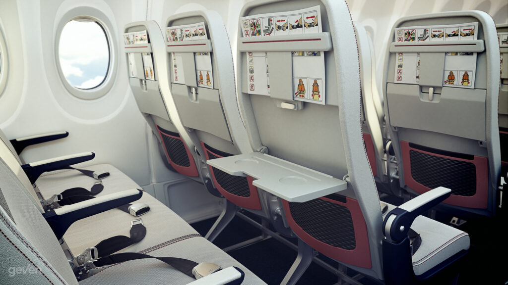 Rendering of the Geven SuperEco seat. View from the seatback of seat triples.