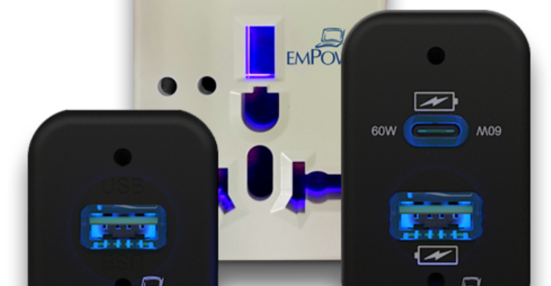 Various EmPower charging ports on a white background.