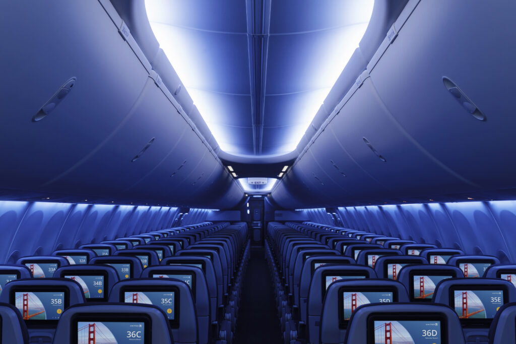 United Airlines' Boeing 737 MAX 8 Interior includes LED lighting and in-seat IFE from nose to tail