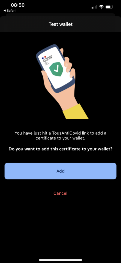 A screengrab of the app, allowing the user to add a test certificate to their wallet