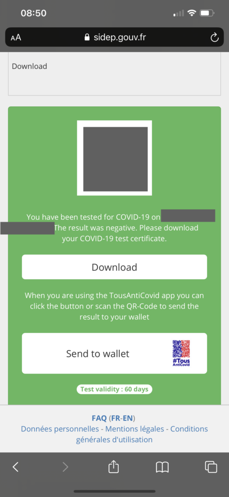 A screengrab of the testing and vaccine passport, which allows users to download their COVID-19 test certificate