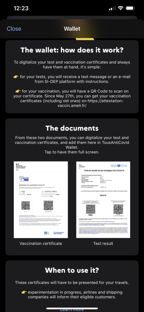 A screengrab of how the wallet works, instructing users in how to digitalize their test and vaccine certificates