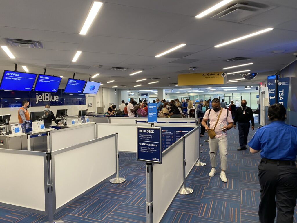 People boarding at the gate for a JetBlue flight in Marine Air Terminal (MAT) at LaGuardia.