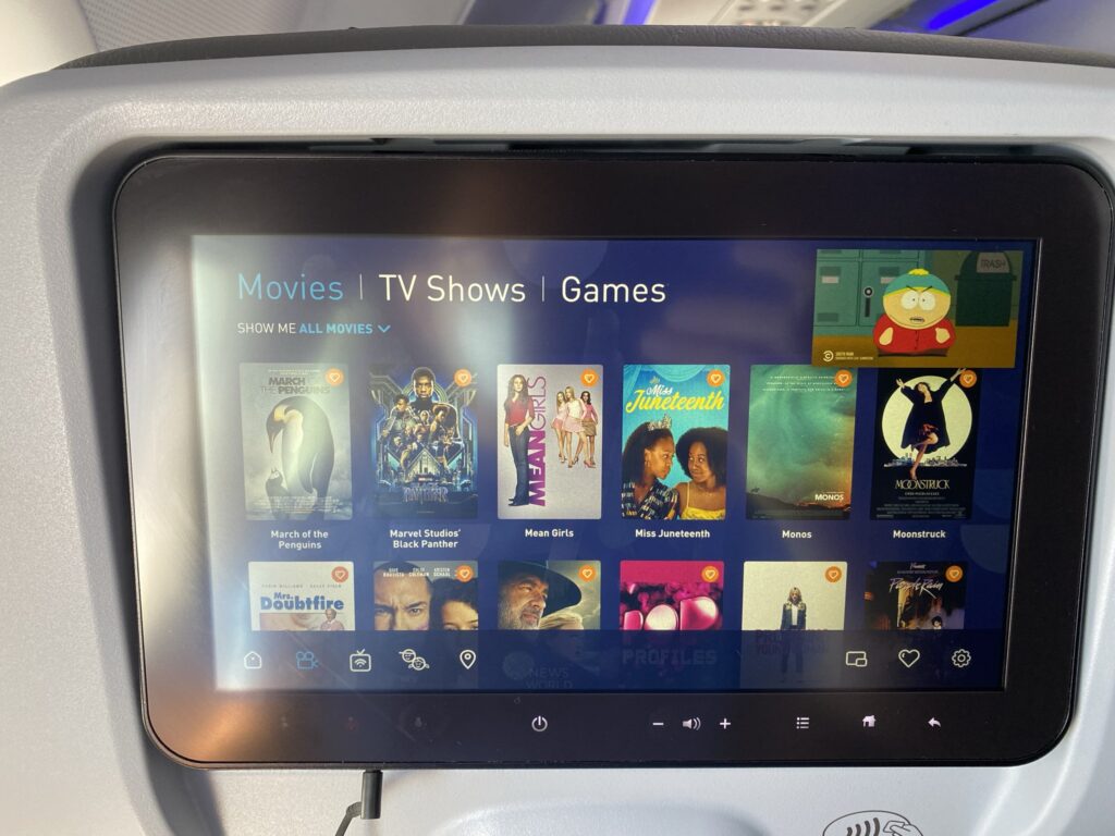 Thales Avant seatback IFE system displaying different entertainment options onboard JetBlue