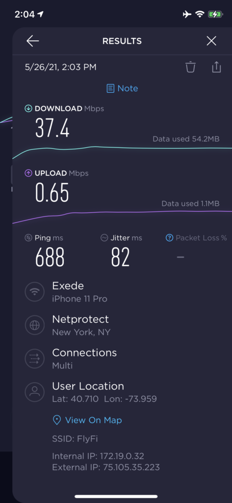 Screenshot of a W-IFI test on the JetBlue A320, with a strong download speed of 37.4 Mbps