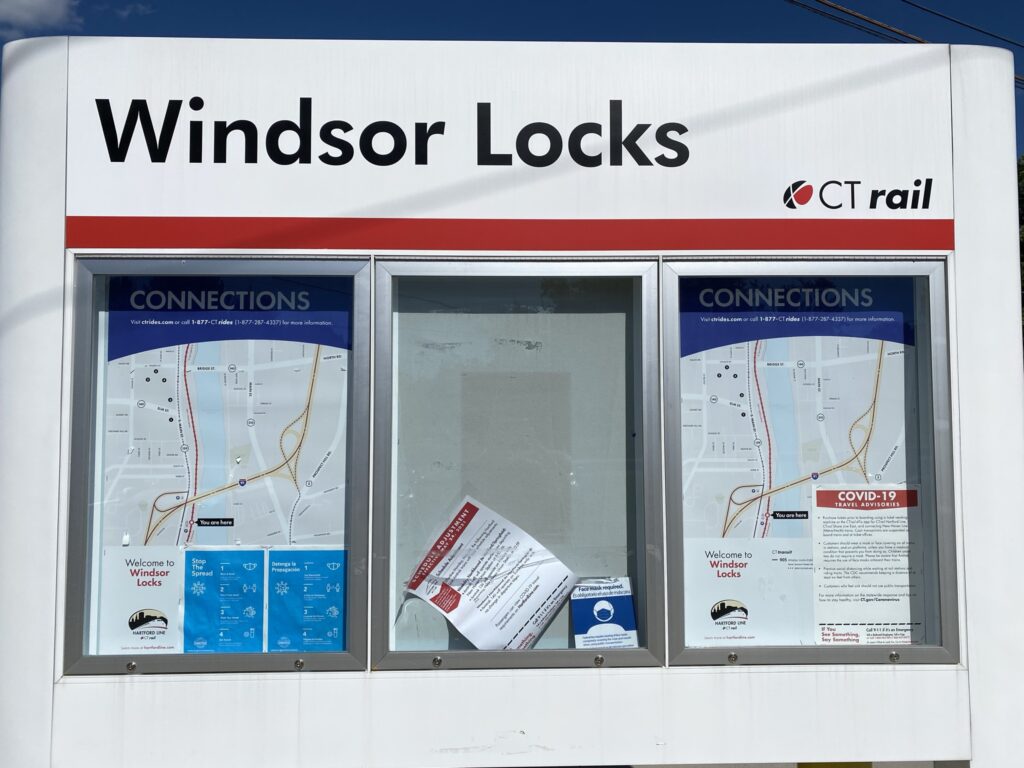 Windsor Locks station sign displaying route maps.