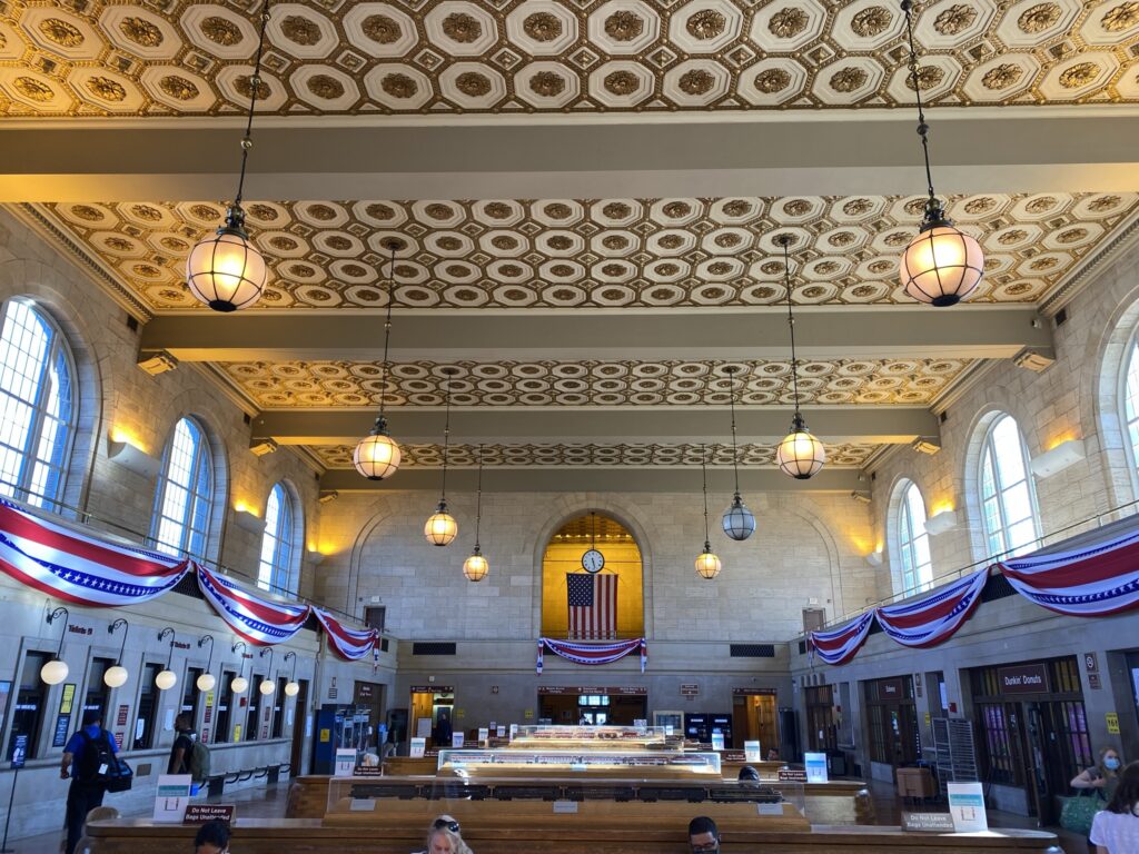 New Haven rail station. Large open space with a art deco ceiling.