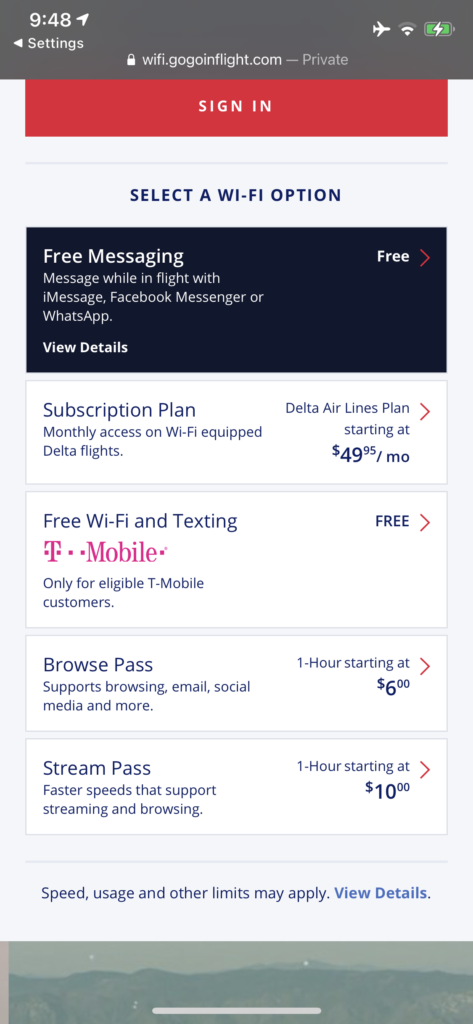 Screenshot of Delta's Wi-Fi pricing on the 737-900ER