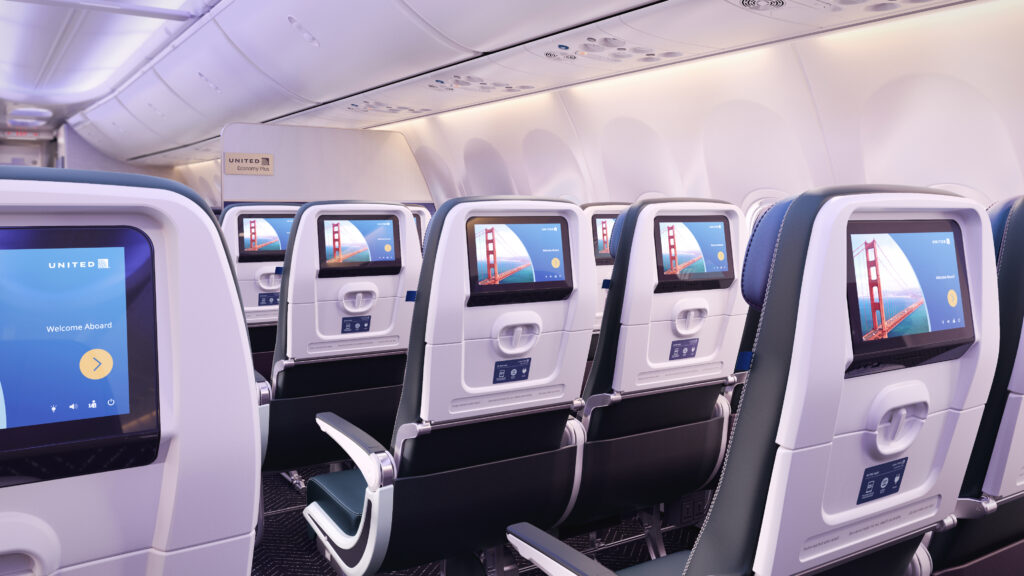 A rendering of United Airlines' new seatback IFE product, showing sleek screens