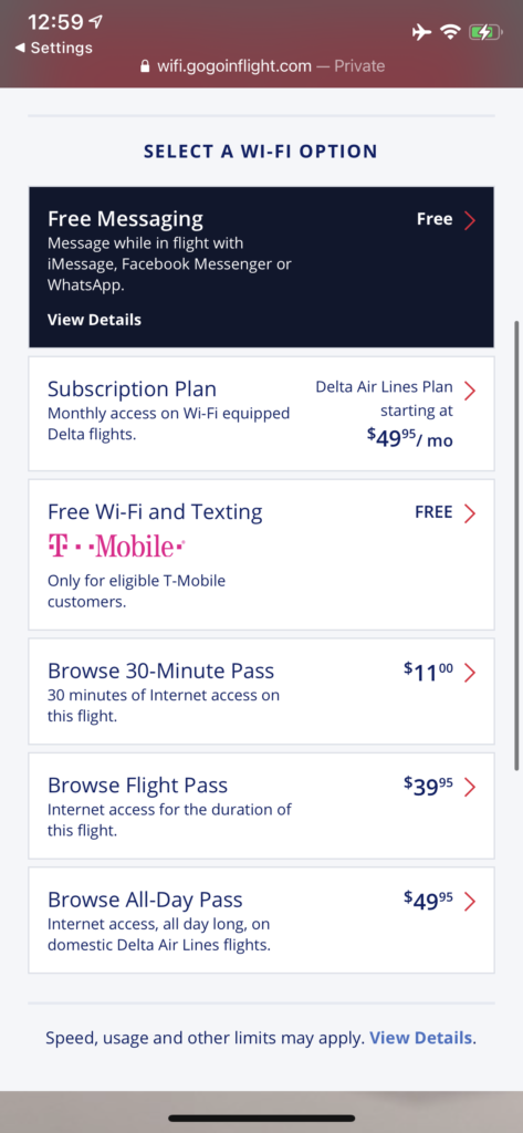 Screenshot of Wi-Fi pricing on Delta's 757-200