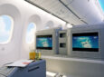 LOT business class on the Boeing Dreamliner. Visible is the IFE system and large aircraft windows.