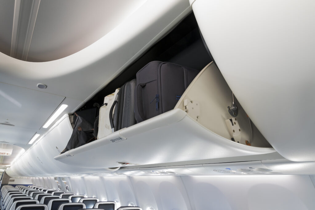 A close-up of the overhead bins on United Airlines' 737 MAX 8