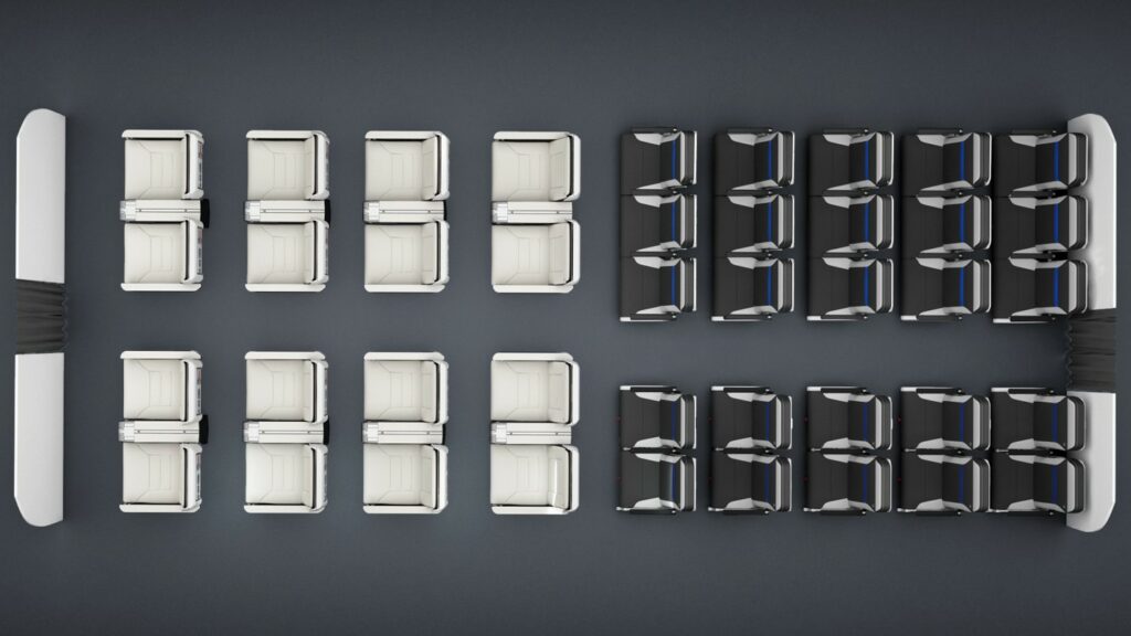 Safran Seats rendering of an aircraft layout with business up front and economy down back