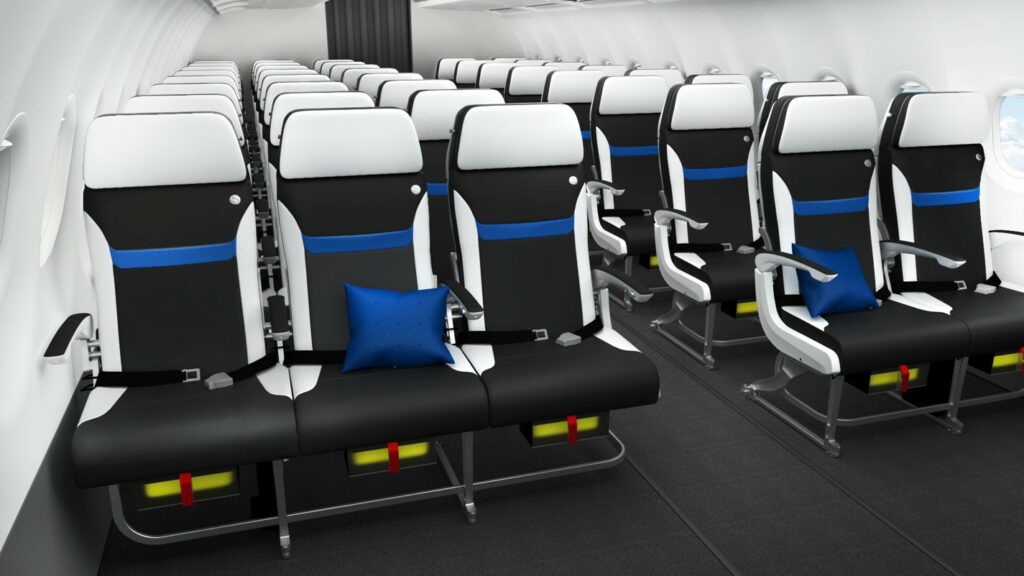 Safran Seats Z110i in a 3-2 configuration. Black seats with white trim and headrest. A blue line near the centre back. 