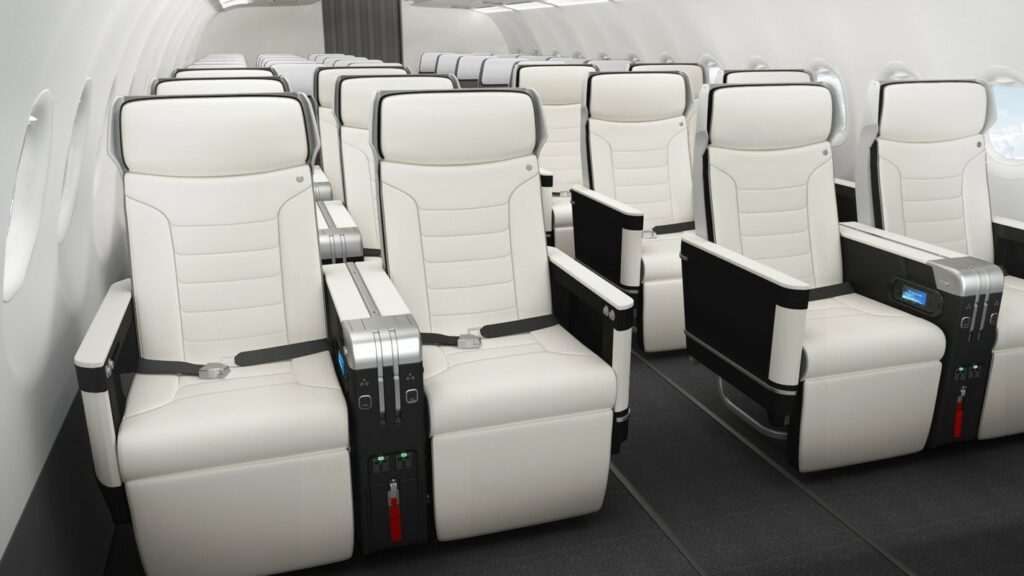 Safran Seats' Z600 in a 2-2 configuration on an aircraft. Seats are in all white with black trim.