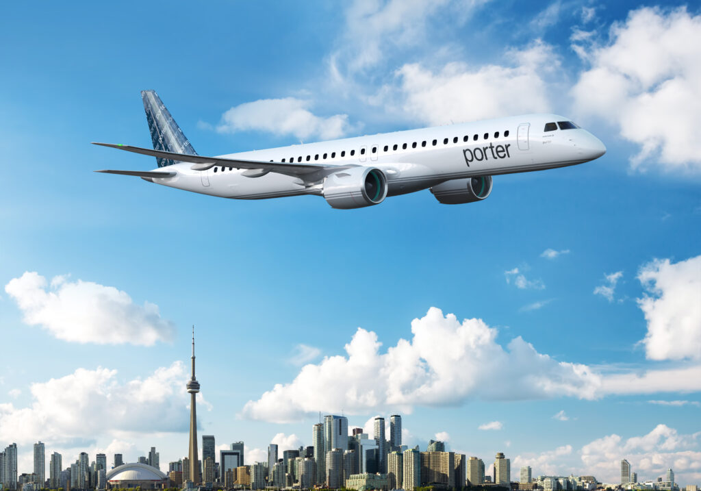 Porter Airlines E195-E2 in flight over Toronto, Ontario.